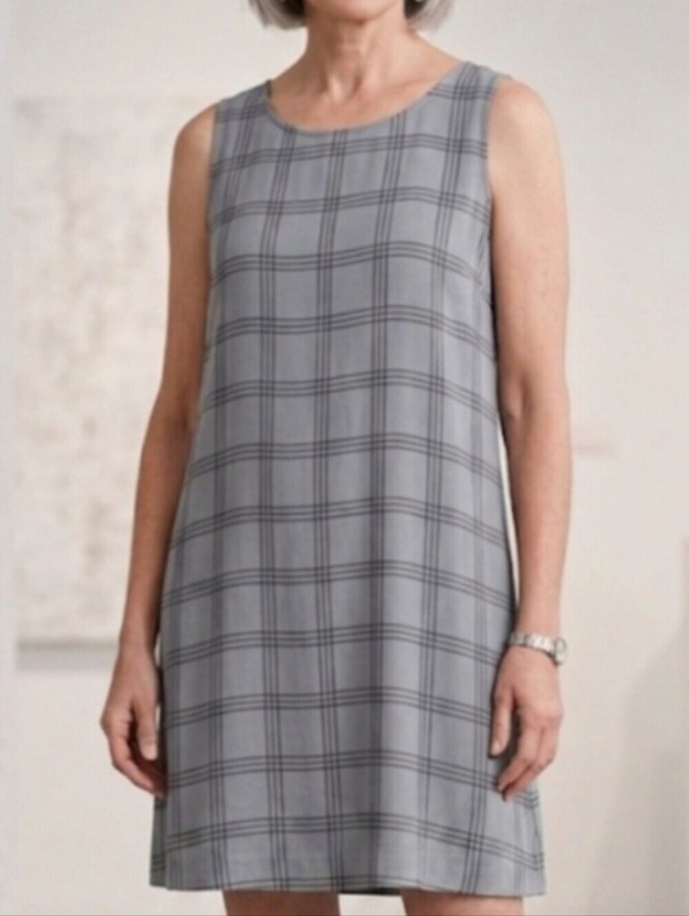 Eileen Fisher Gray Windowpane Sleeveless Shift Dress Size Large Silk